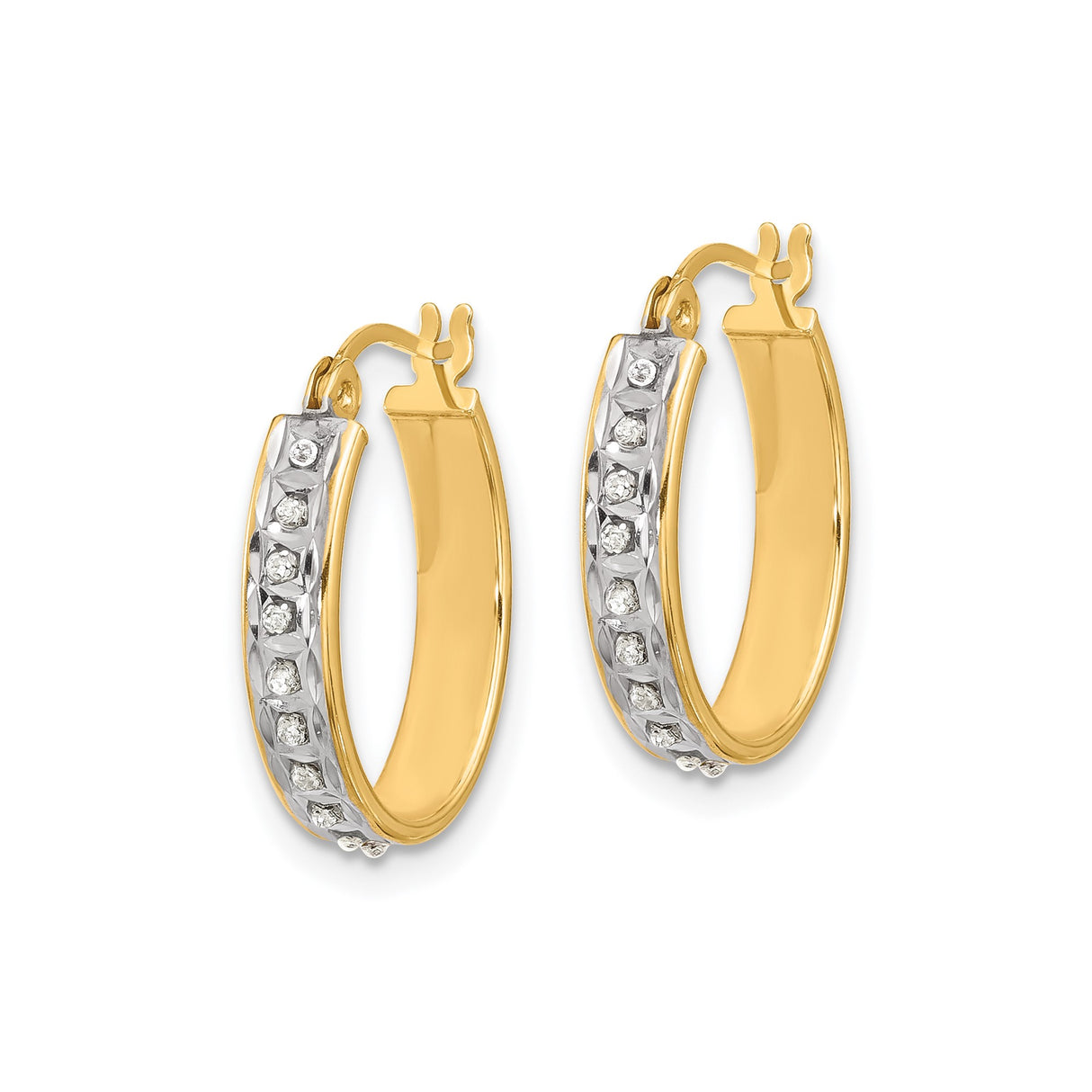 Sterling Silver Hoop Earrings with Diamond Mystique, Two Tone Faceted Design