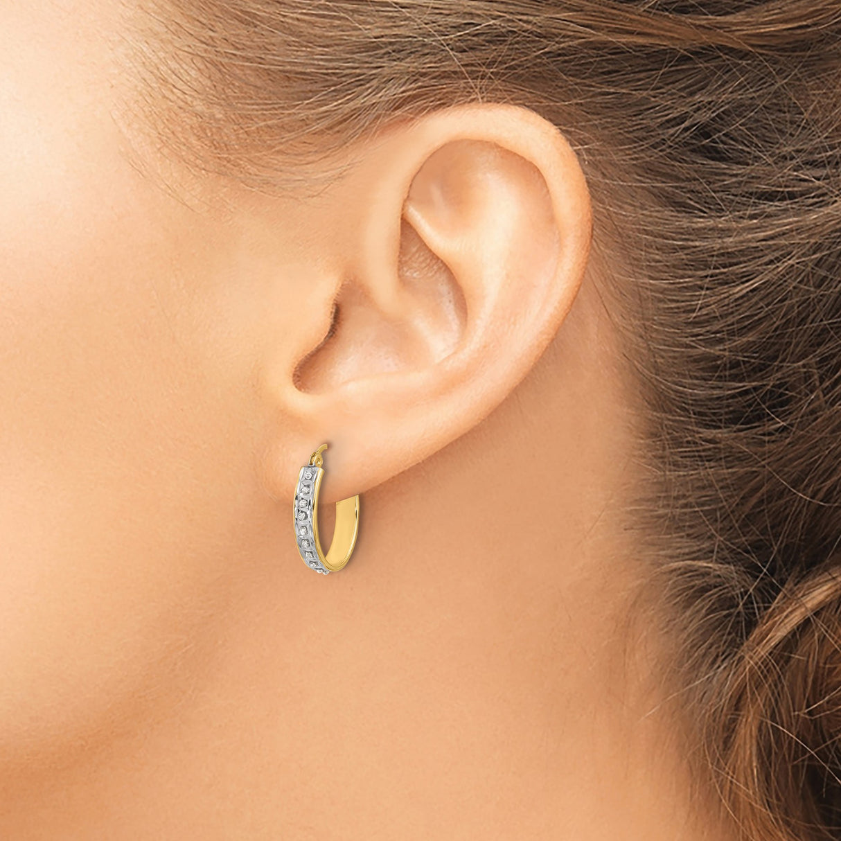 Sterling Silver Hoop Earrings with Diamond Mystique, Two Tone Faceted Design