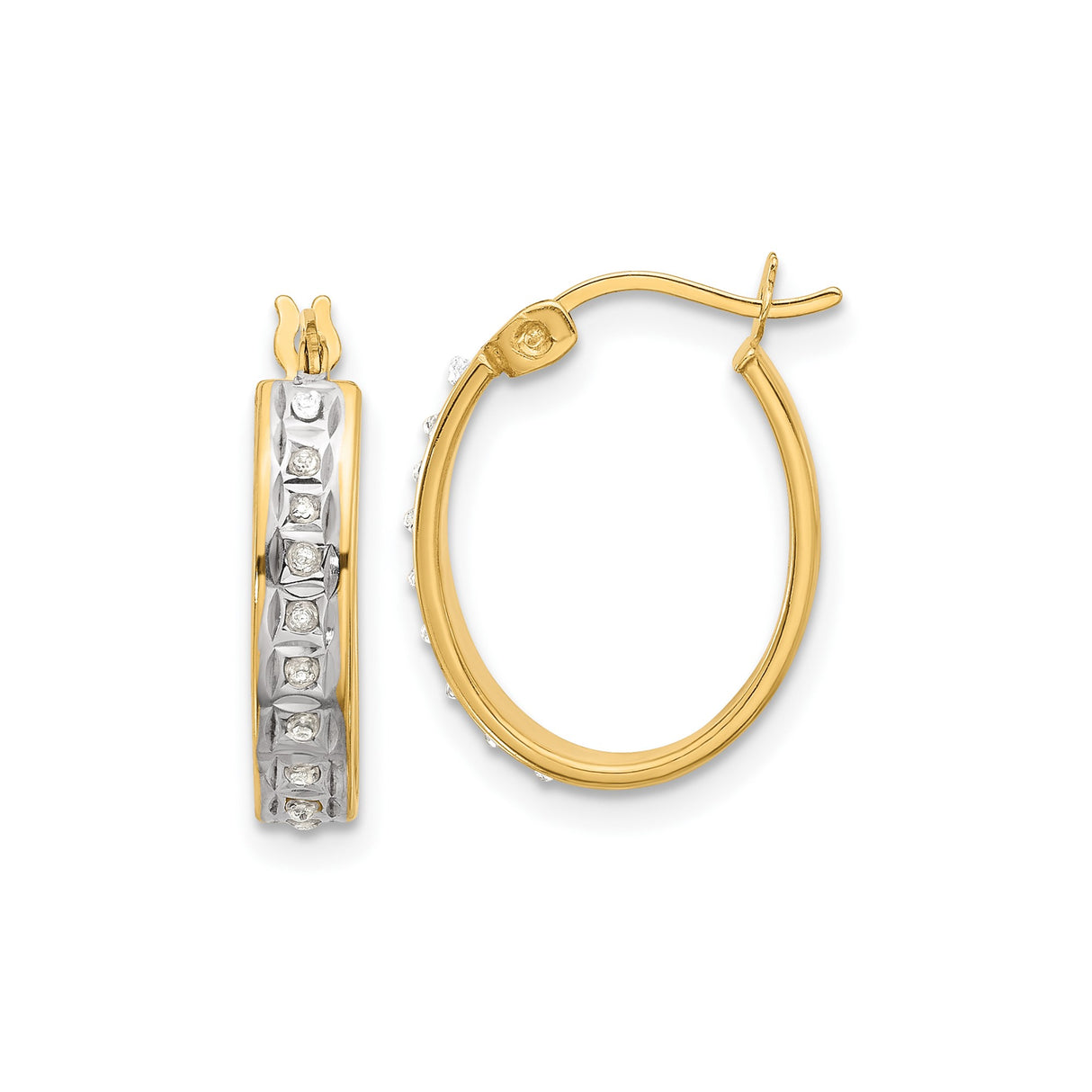 Sterling Silver Hoop Earrings with Diamond Mystique, Two Tone Faceted Design