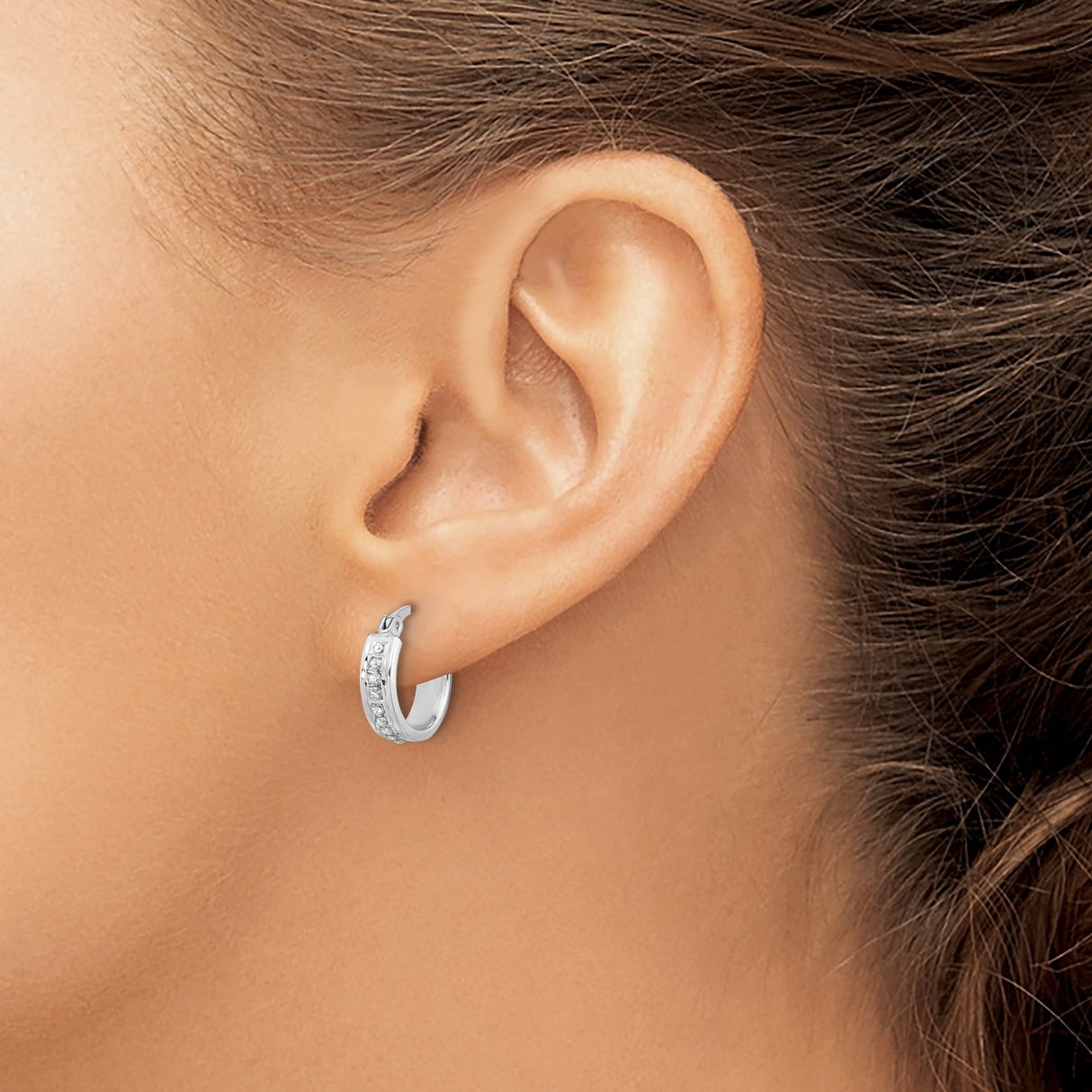 Sterling Silver Hoop Earrings with Diamond Mystique, High-Polish Textured Finish, Modern Design