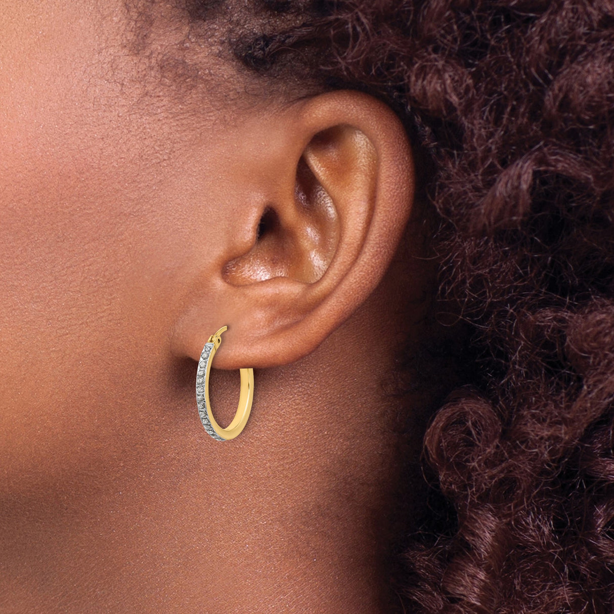 Sterling Silver Hoop Earrings with Diamond Mystique Stones, Polished Finish, Latch Back Closure