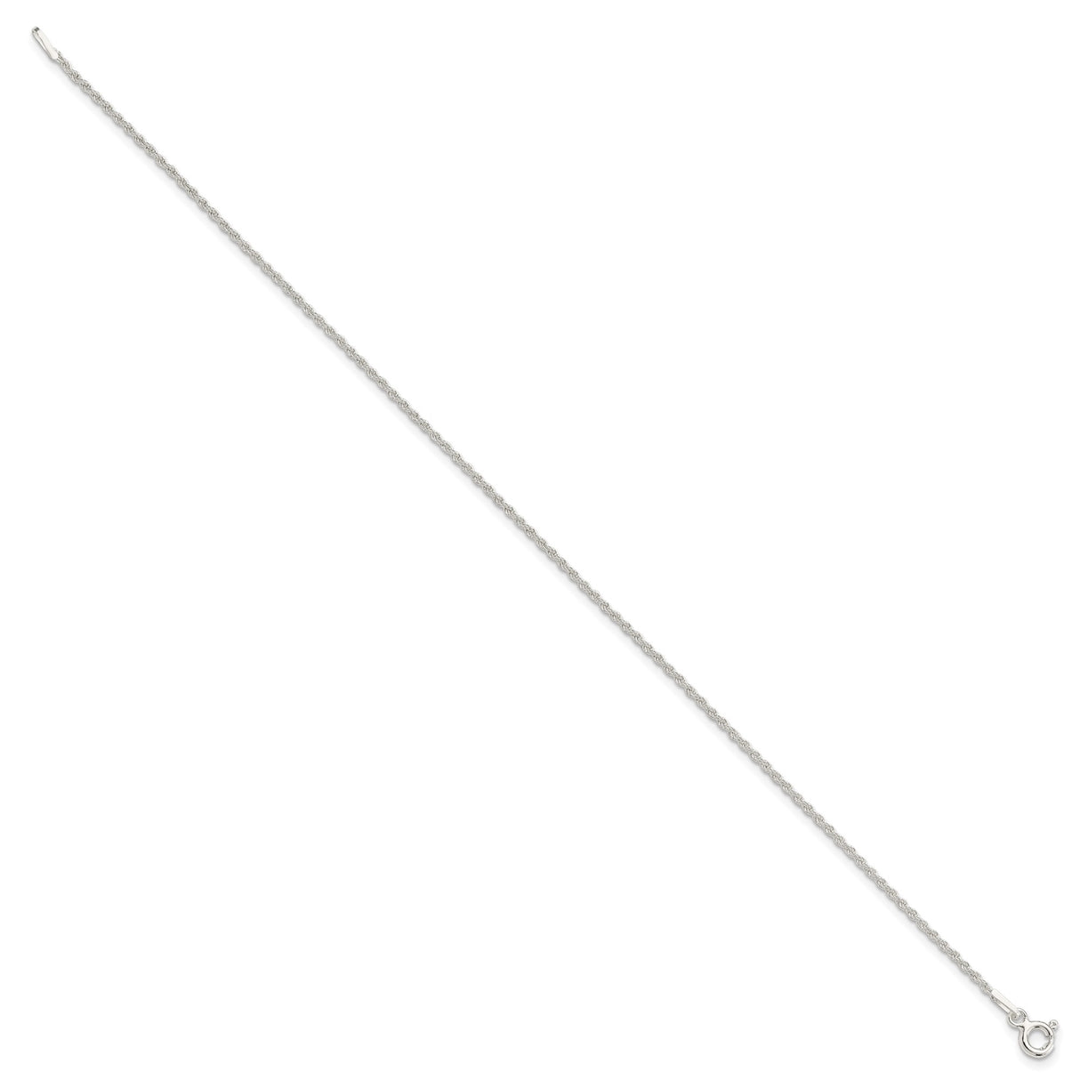 925 White Gold 1.3 mm Rope Chain Anklet, Polished