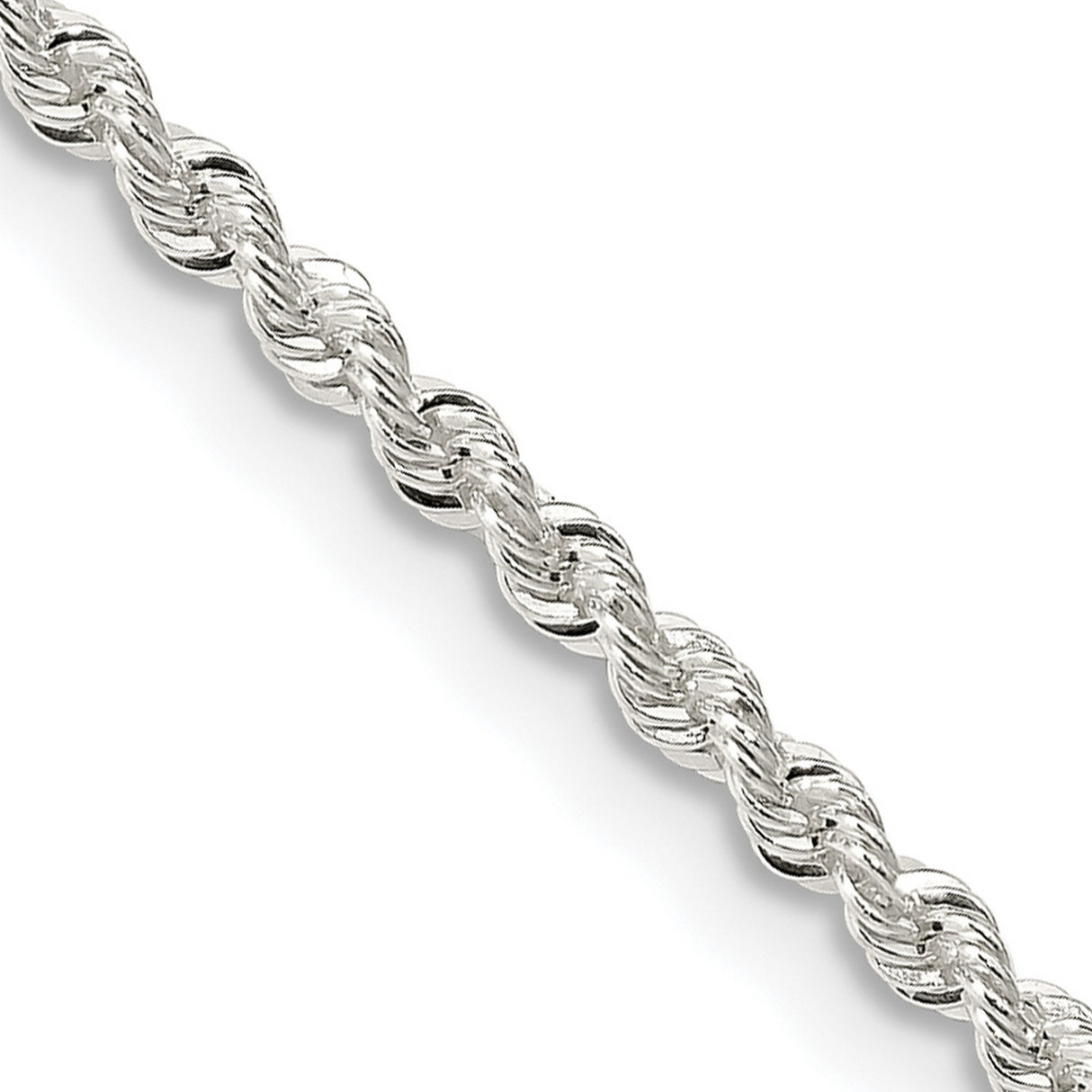 925 White Gold 2.3 mm Rope Chain Necklace, Polished detail view