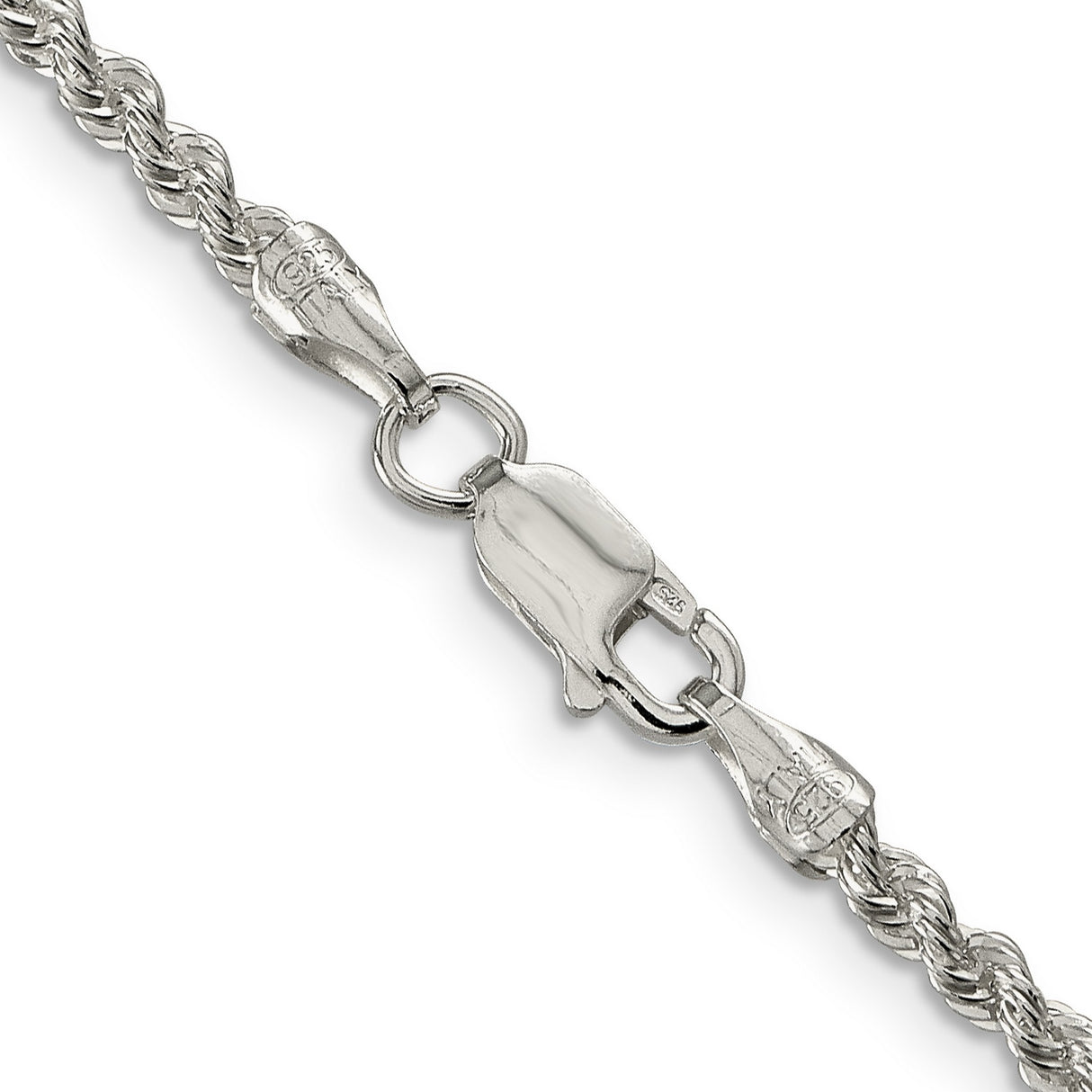 925 White Gold 2.5 mm Rope Chain Necklace, Polished alternate angle
