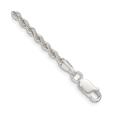 925 White Gold 2.5 mm Rope Chain Anklet, Polished shown for scale