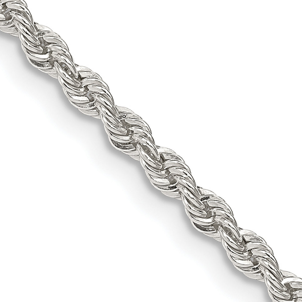 925 White Gold 2.5 mm Rope Chain Necklace, Polished detail view