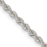 925 White Gold 2.5 mm Rope Chain Necklace, Polished detail view