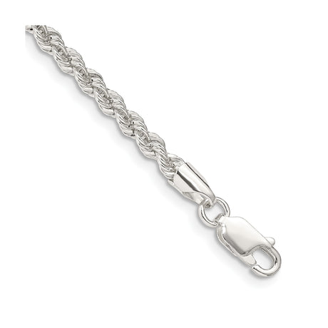 925 White Gold 3 mm Rope Chain Anklet, Polished shown for scale