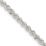 925 White Gold 3 mm Rope Chain Necklace, Polished detail view