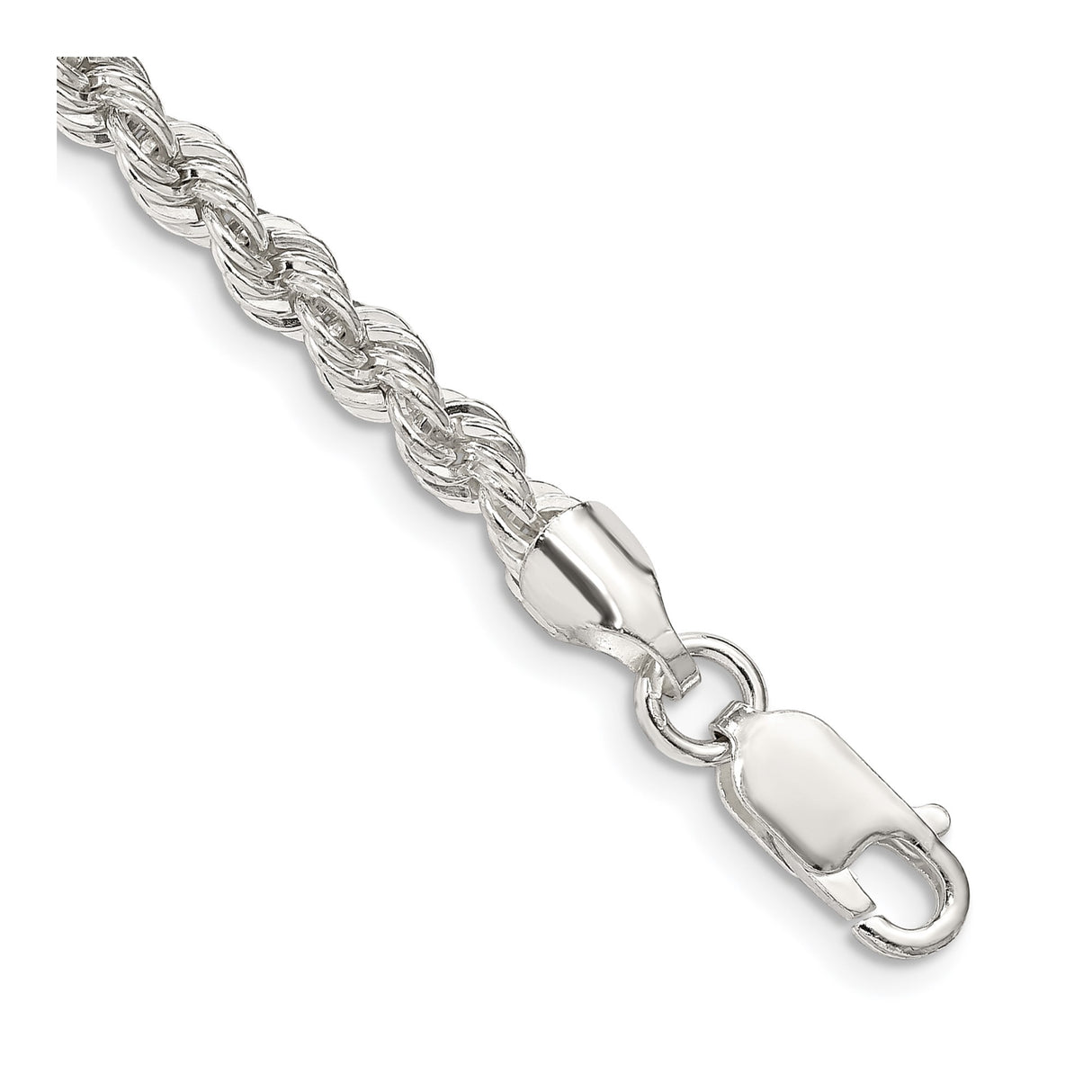 925 White Gold 4.3 mm Rope Chain Bracelet, Polished shown for scale