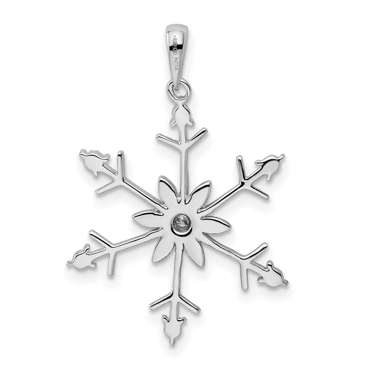 Sterling Silver Snowflake Pendant with Clear Diamond, Intricate Symmetrical Winter Design