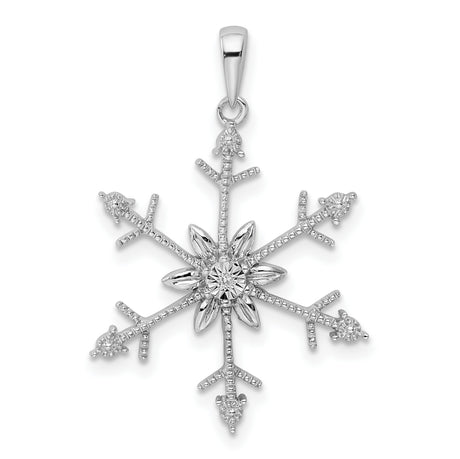Sterling Silver Snowflake Pendant with Clear Diamond, Intricate Symmetrical Winter Design