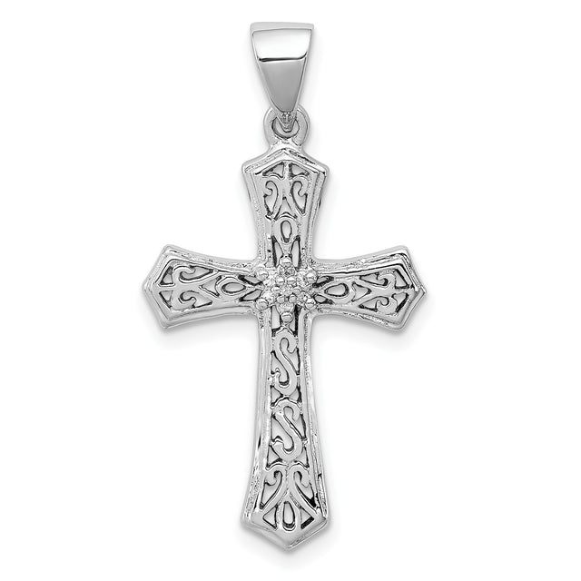 Sterling Silver Cross Pendant with Diamond, Ornate Floral Filigree and Scrollwork Design