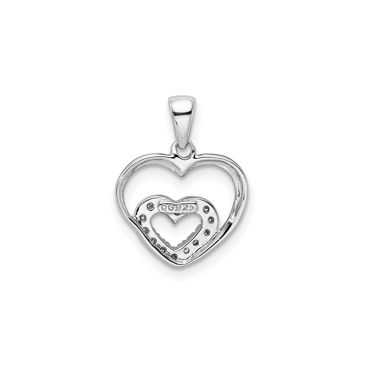 Sterling Silver Heart Pendant with Diamond and Cubic Zirconia Double Heart Design