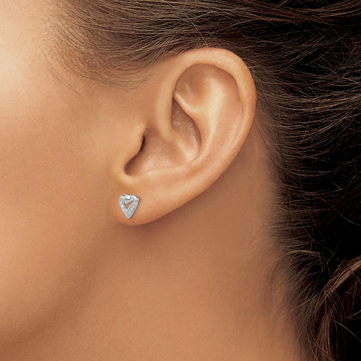Sterling Silver Heart Shaped Stud Earrings with Diamond Accents, Open Heart Design for Women