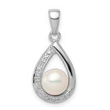 Sterling Silver Teardrop Pendant with White Pearl and Cubic Zirconia Accents