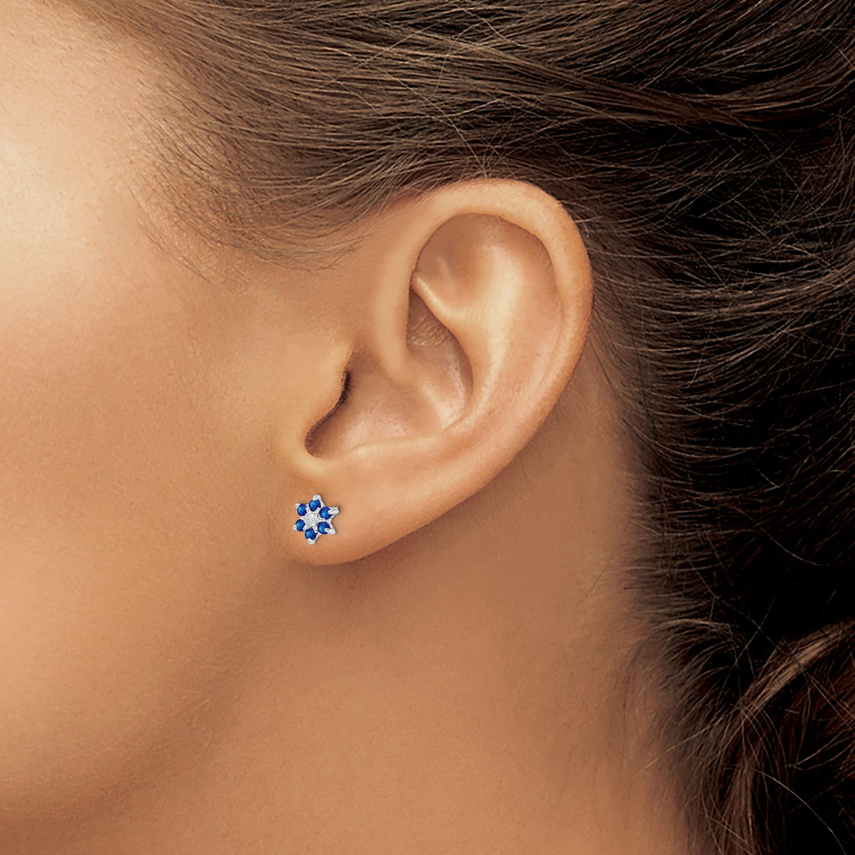 Sterling Silver Stud Earrings with Sapphire and Diamond, Floral Star Design for Women