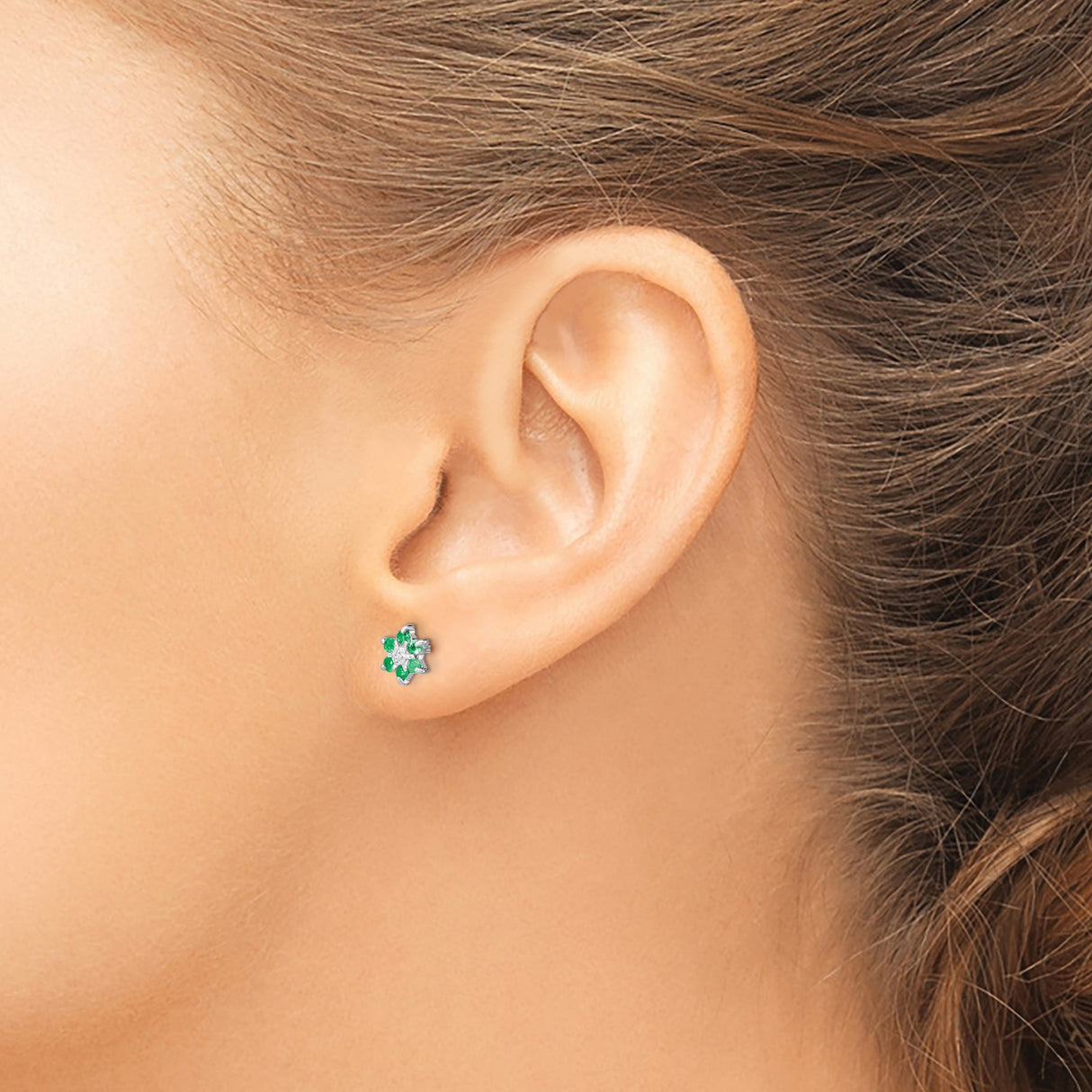 Sterling Silver Floral Stud Earrings with Emerald and Diamond in Snowflake Design