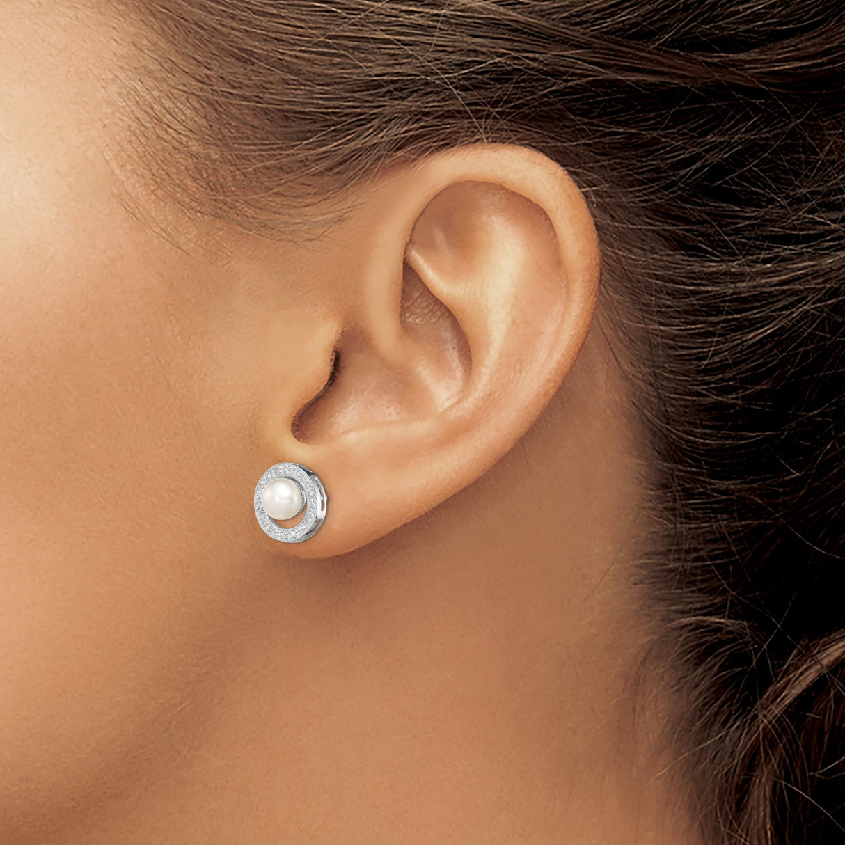 Sterling Silver Pearl Stud Earrings with Cubic Zirconia Halo Accent