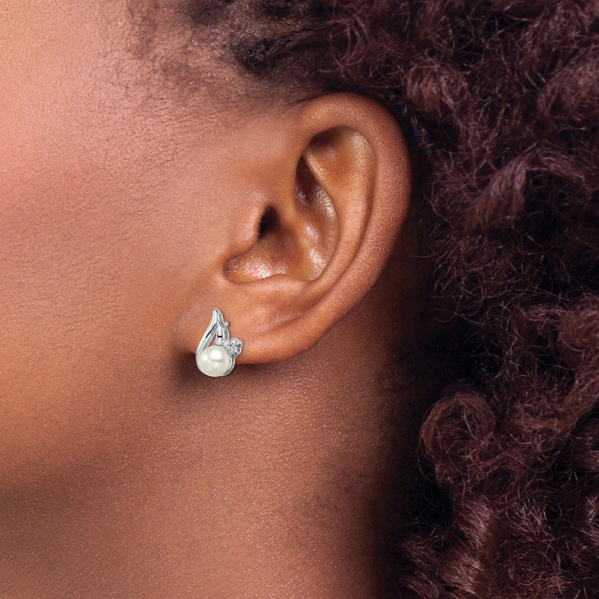 Sterling Silver Pearl Stud Earrings with Cultured Freshwater Pearls and Diamond Accents, Swirl Design