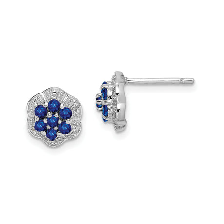 Sterling Silver Stud Earrings with Sapphire and Diamond, Floral Cluster Design