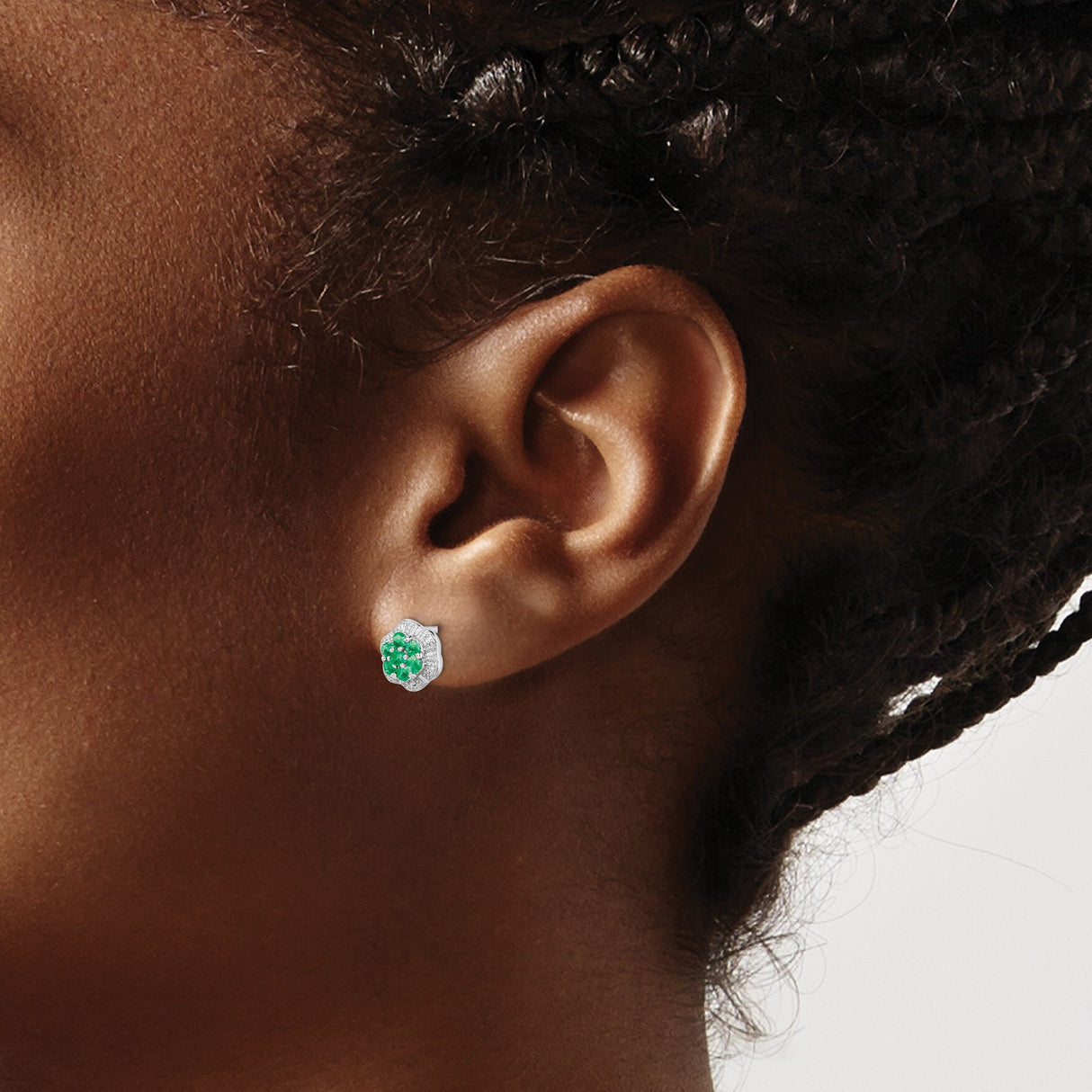 Sterling Silver Stud Earrings with Emerald and Diamond Halo, Floral Design for Women