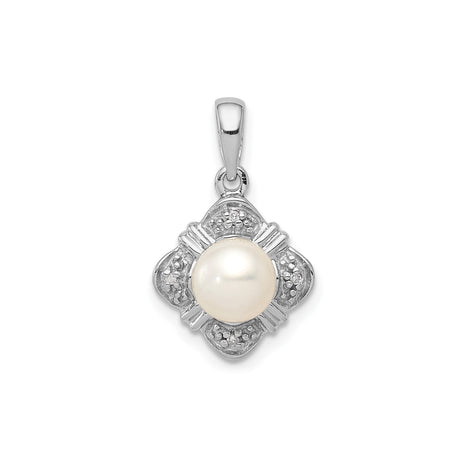 Sterling Silver Pendant with Cultured Pearl and Diamond in Floral Vintage Design
