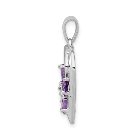 Sterling Silver Heart Pendant with Amethyst and Diamond, Marquise and Pear Cut, Floral Design