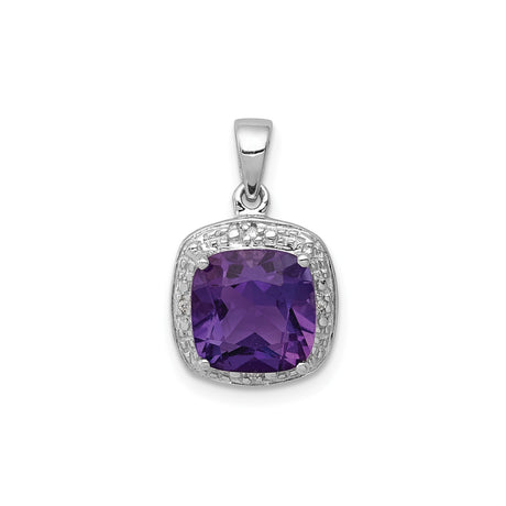 Sterling Silver Pendant with Cushion Cut Amethyst and Diamond Accents, Framed Design for Women