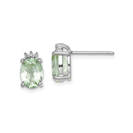 Sterling Silver Stud Earrings with Prasiolite and Diamond, Crown Setting, Royal Style