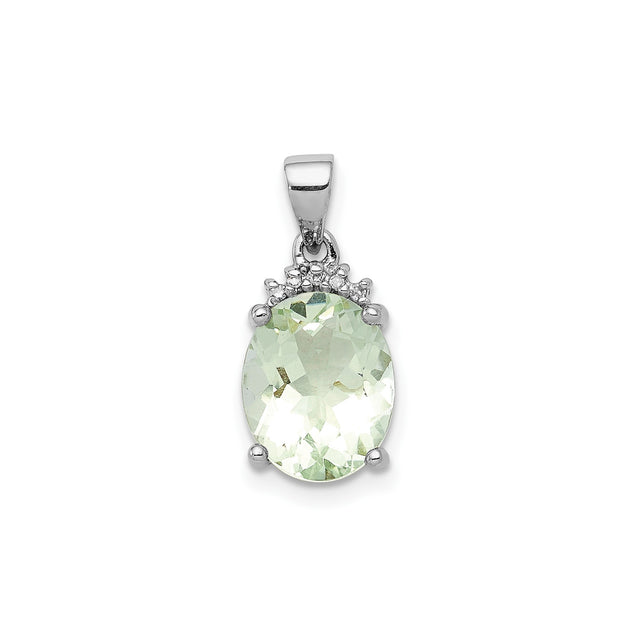 Sterling Silver Pendant with Oval Prasiolite and Diamond Accents, Polished Finish