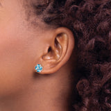 Sterling Silver Heart Stud Earrings with Swiss Blue Topaz and Floral Design