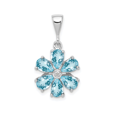 Sterling Silver Flower Pendant with Sky Blue Topaz and Diamond Accents, Six Petal Design