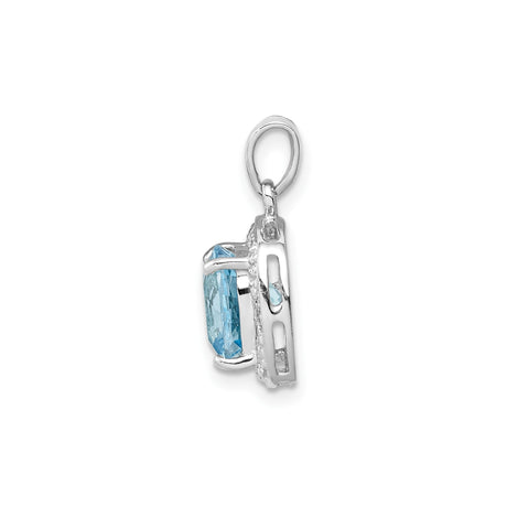 Sterling Silver Pendant with Cushion Cut Swiss Blue Topaz and Diamond Halo