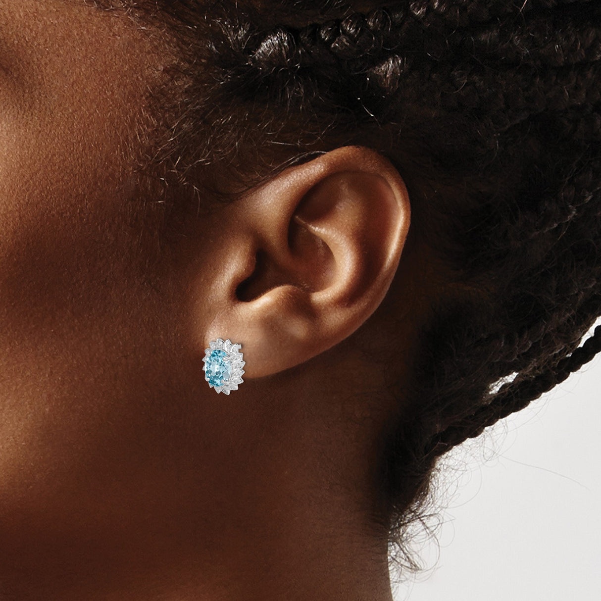 Sterling Silver Blue Topaz Stud Earrings with Floral Halo and Diamond Accents