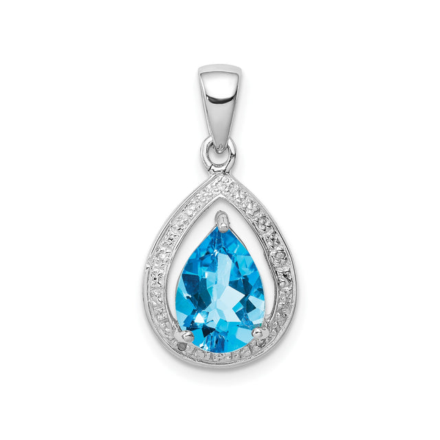 Sterling Silver Teardrop Pendant with Swiss Blue Topaz and Diamond Halo