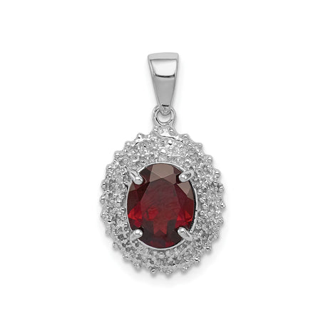 Sterling Silver Pendant with Garnet and Diamond Accents, Halo Oval Charm for Women