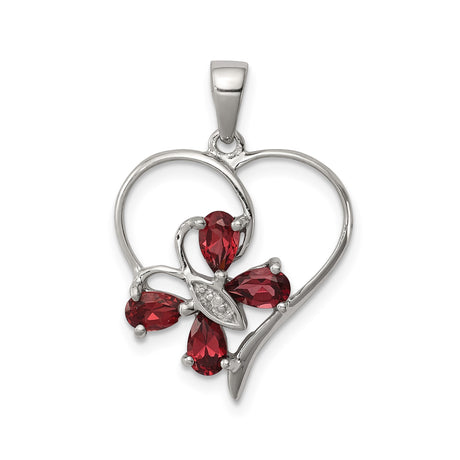 Sterling Silver Heart Pendant with Garnet and Diamond, Floral Design, Vintage Inspired Jewelry