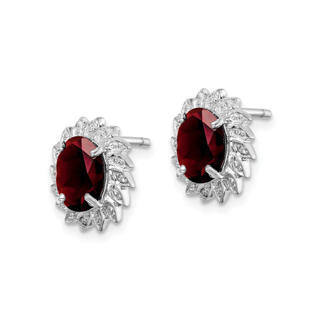 Sterling Silver Stud Earrings with Garnet and Diamond, Leaf Halo Vintage Floral Design