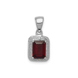 Sterling Silver Pendant with Emerald Cut Garnet and Diamond Halo Accents