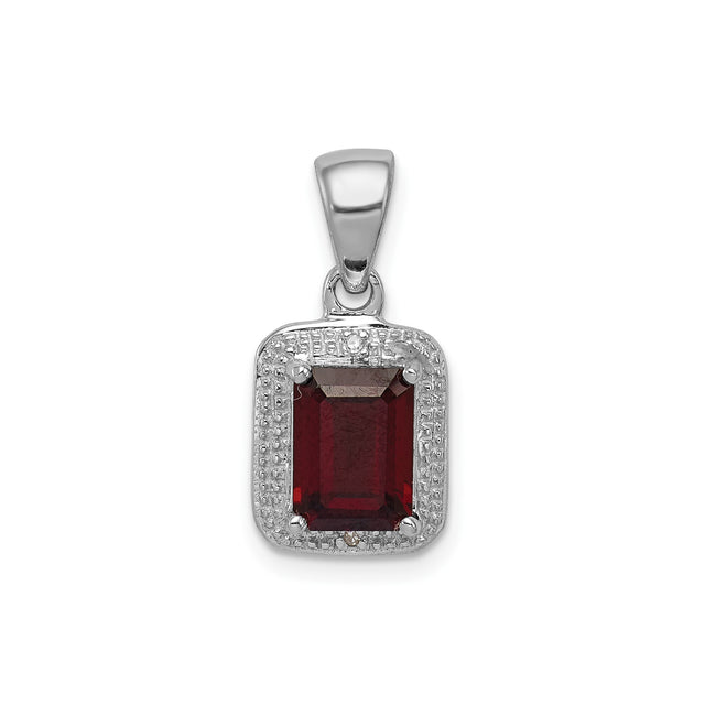 Sterling Silver Pendant with Emerald Cut Garnet and Diamond Halo Accents