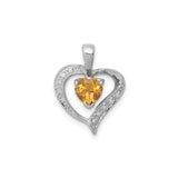Sterling Silver Heart Pendant with Heart-Cut Citrine and Diamond Accents