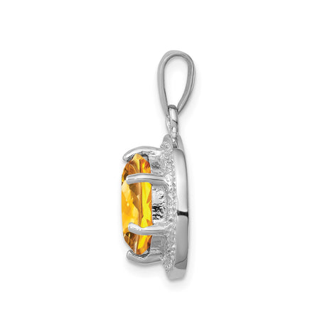 Sterling Silver Pendant with Yellow Citrine and Diamond Halo, Classic November Birthstone Necklace