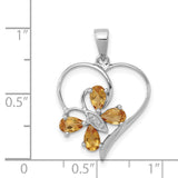 Sterling Silver Heart Pendant with Citrine and Diamond, Open Floral Design for Women