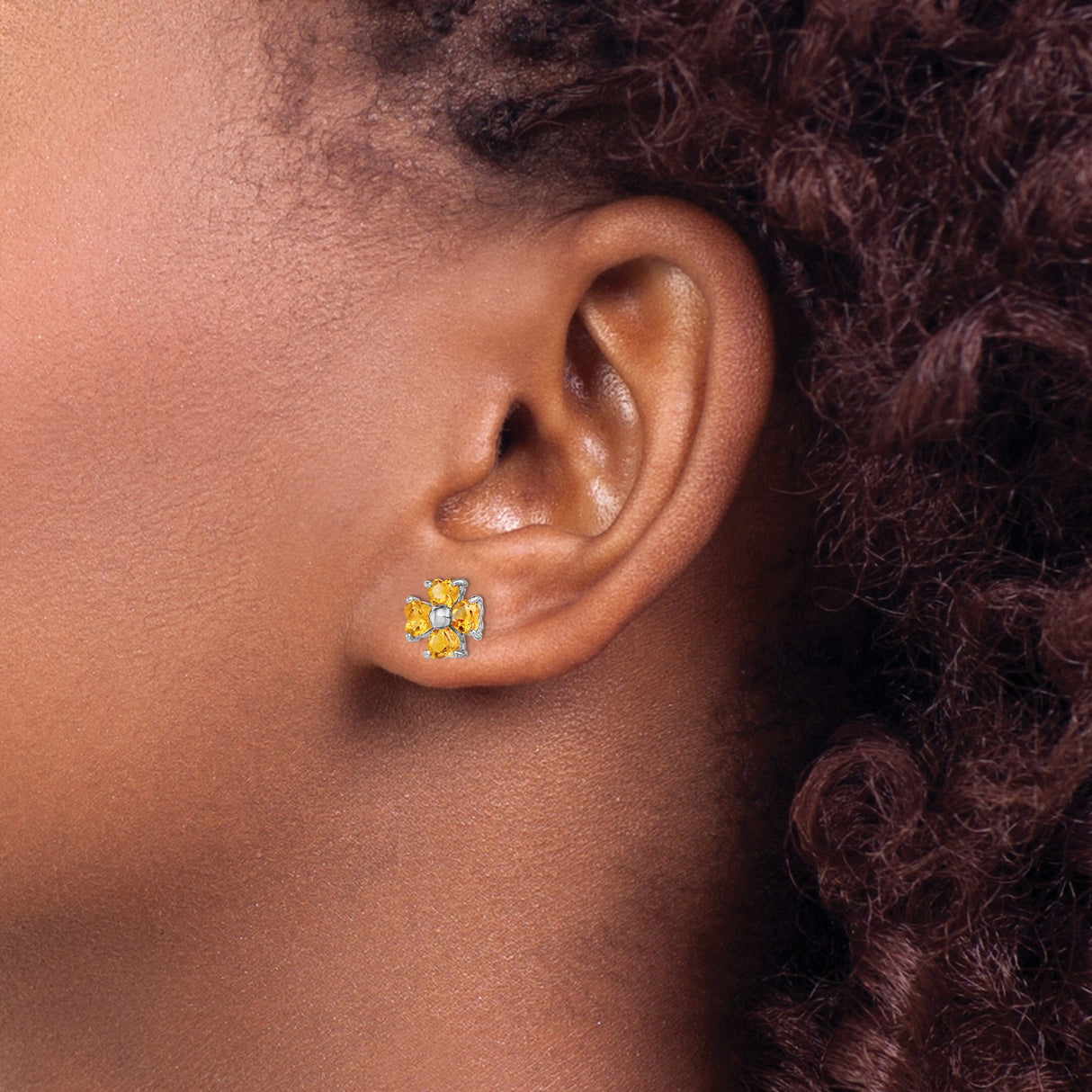 Sterling Silver Flower Stud Earrings with Citrine Heart-Shaped Gemstones