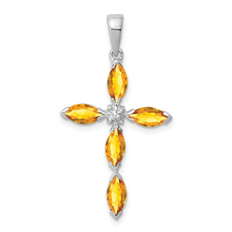 Sterling Silver Cross Pendant with Citrine and Diamond Accents, Unisex Spiritual Jewelry