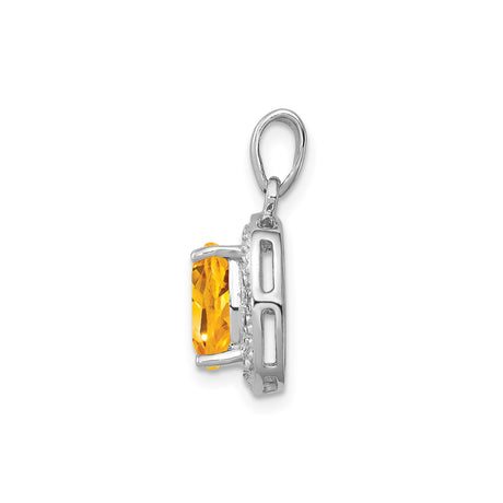 Sterling Silver Cushion Cut Citrine Pendant with Textured Border and Diamond Accents