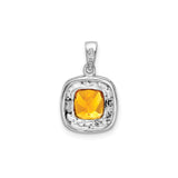 Sterling Silver Cushion Cut Citrine Pendant with Textured Border and Diamond Accents
