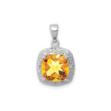 Sterling Silver Cushion Cut Citrine Pendant with Textured Border and Diamond Accents