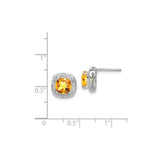 Sterling Silver Stud Earrings with Cushion Cut Citrine and Diamond Halo for Women